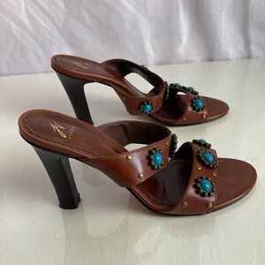 Brown Leather Heels with Turquoise Accents